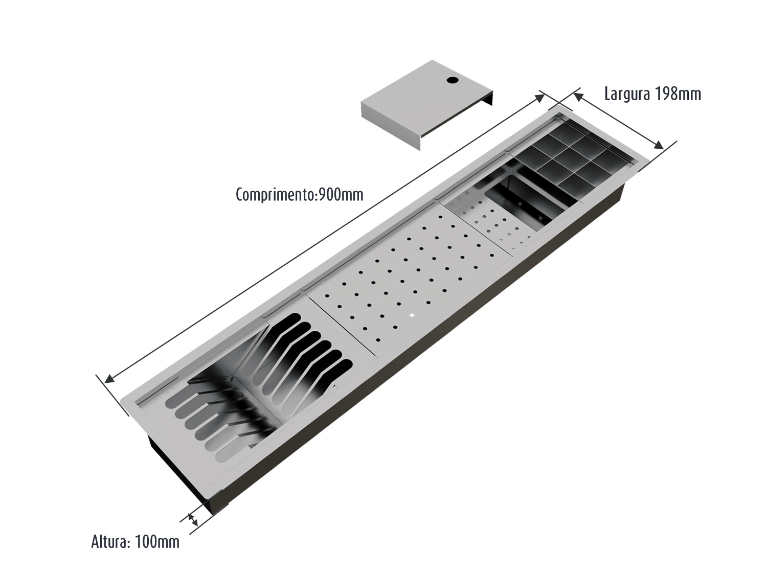 Canal Escorredor Embutir Sobrepor Inox Calha Úmida Kitchen 4 Módulos 90cm PEDT