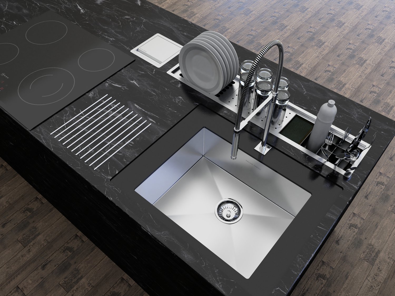 Canal Escorredor Embutir Sobrepor Inox Calha Úmida Kitchen 4 Módulos 90cm PEDT