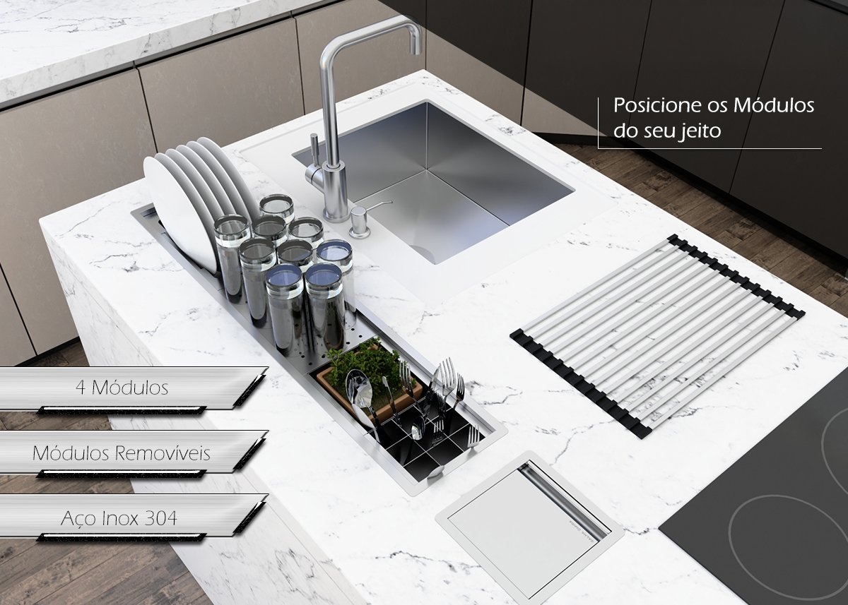Canal Equipado Inox Completo Calha Úmida Sobrepor Kitchen 4 Módulos 90cm PH 16,6cm