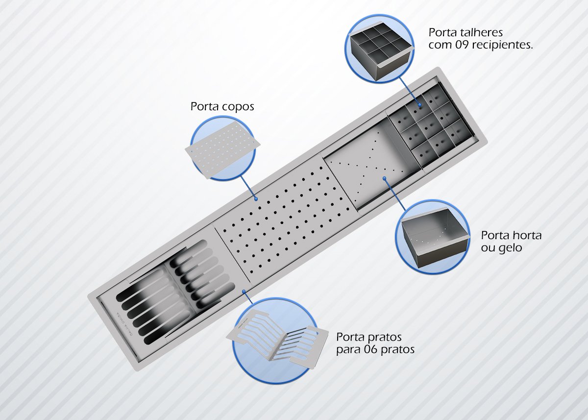 Canal Equipado Inox Completo Calha Úmida Sobrepor Kitchen 4 Módulos 90cm PH 16,6cm