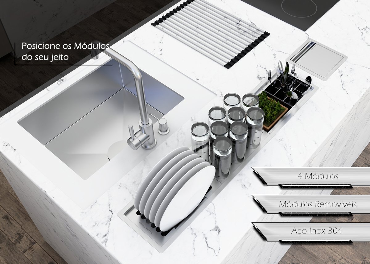 Canal Equipado Inox Completo Calha Úmida Sobrepor Kitchen 4 Módulos 90cm PH 16,6cm