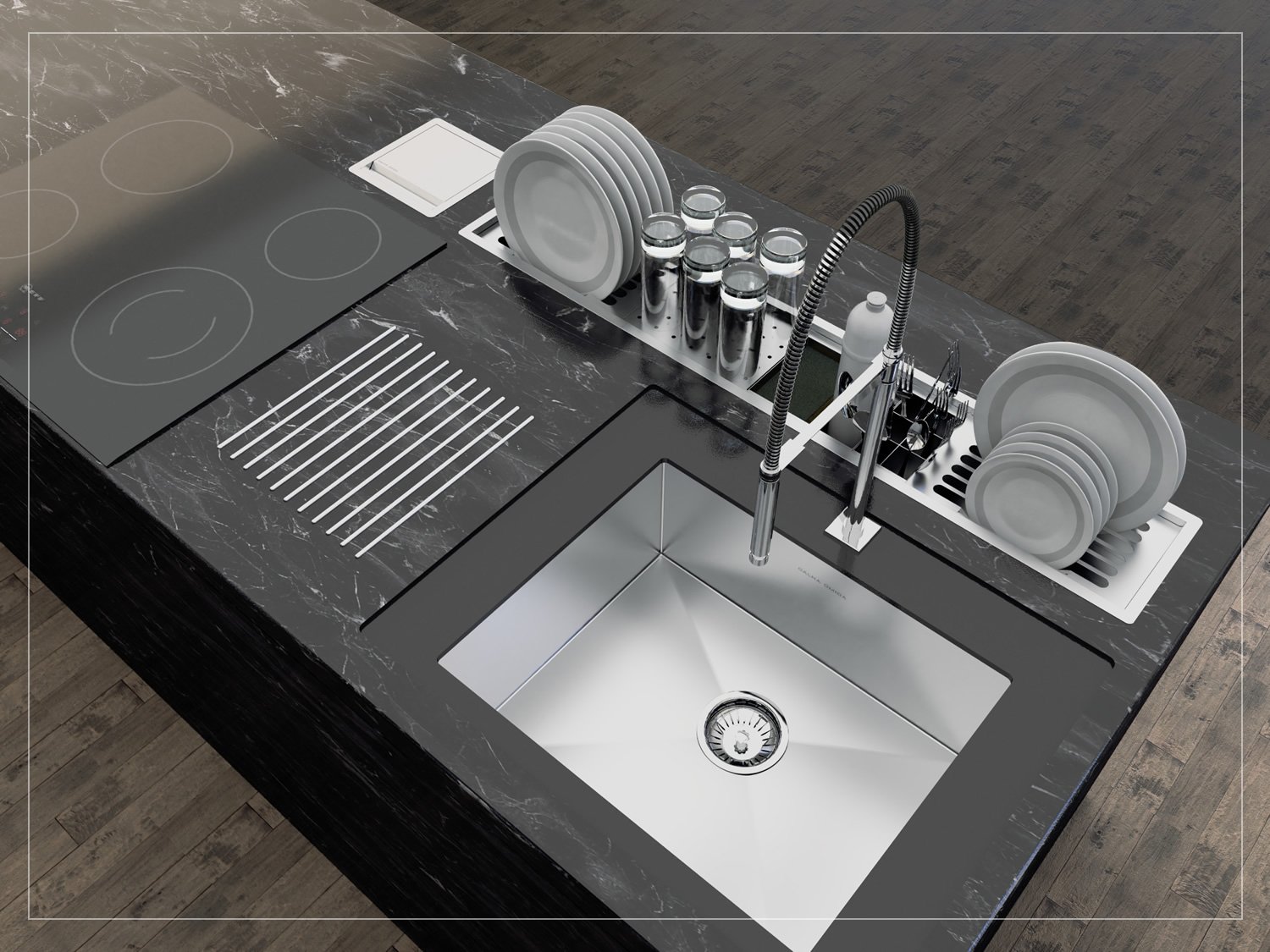 Escorredor Louça Inox Equipado Calha Umida Kitchen 5 Módulos 108cm