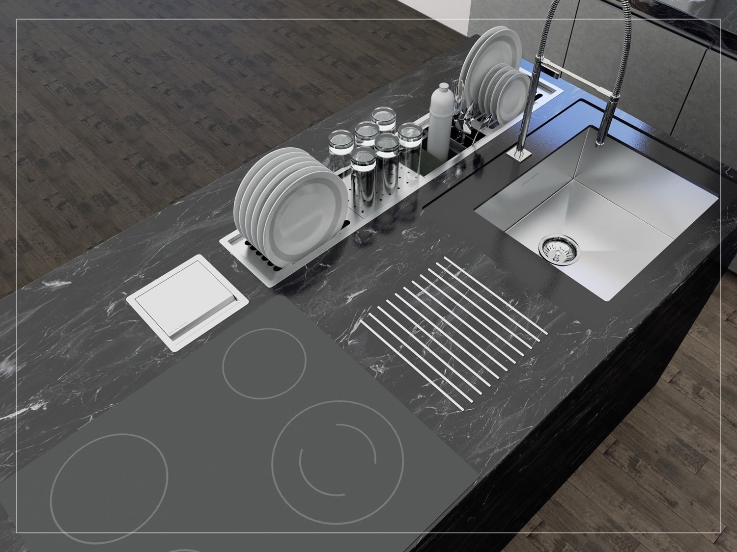 Escorredor Louça Inox Equipado Calha Umida Kitchen 5 Módulos 108cm