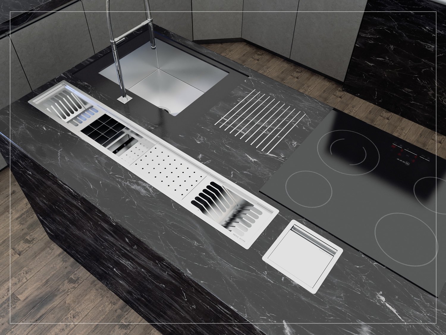 Escorredor Completo Inox Calha Úmida Embutido Kitchen 5 Módulos 118cm