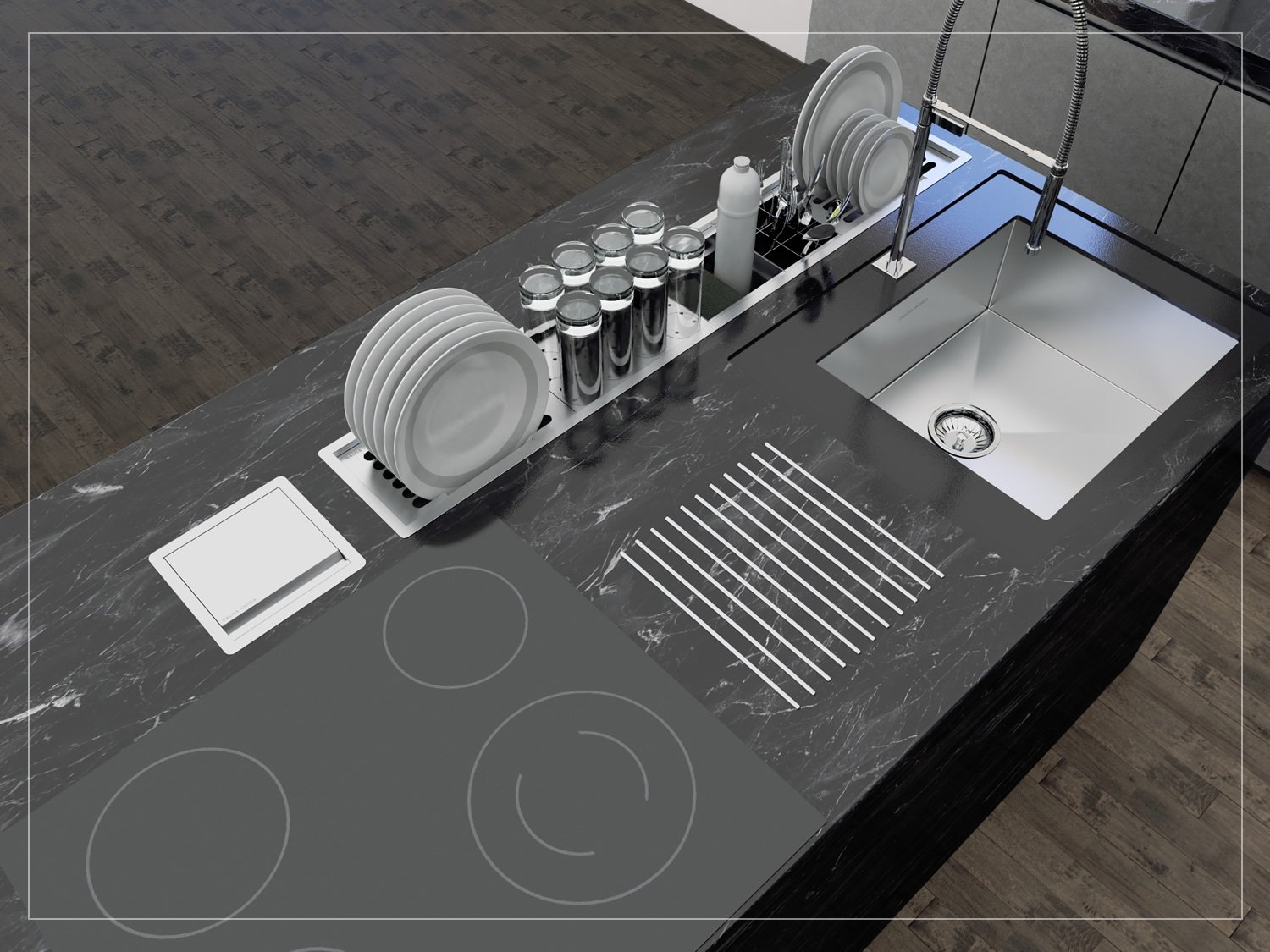 Escorredor Completo Inox Calha Úmida Embutido Kitchen 5 Módulos 118cm