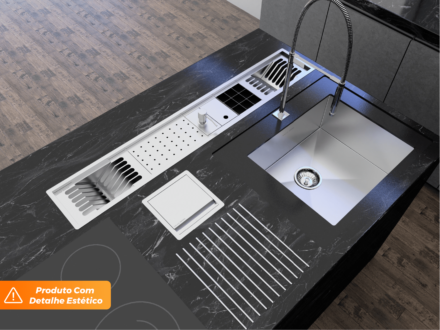 Kit Escorredor Com Dispenser e Porta Esponja Completo Calha Úmida Kitchen 5 Módulos 118cm (Outlet)