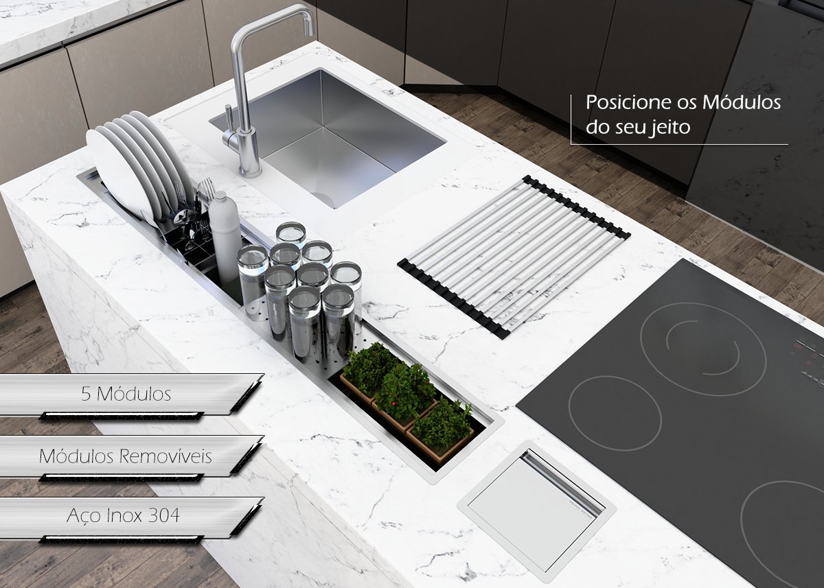 Canal Escorredor Louça Sobrepor Calha Úmida Embutido Kitchen 5 Módulos 118cm PH