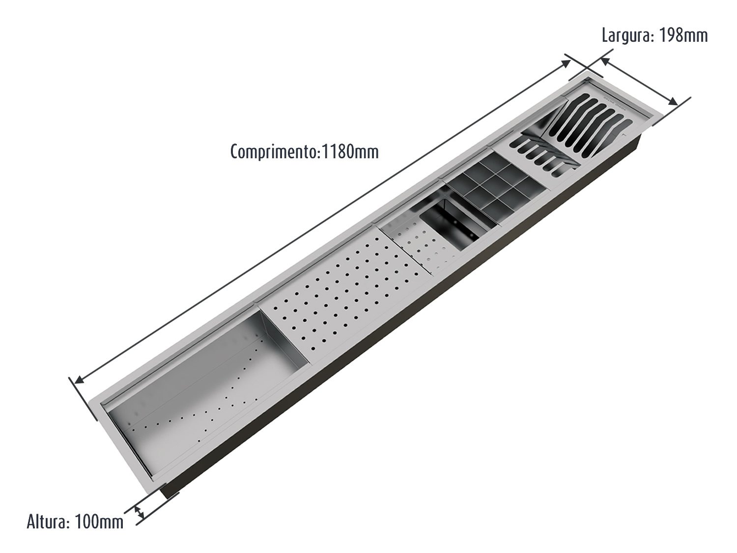 Canal Escorredor Louça Sobrepor Calha Úmida Embutido Kitchen 5 Módulos 118cm PH
