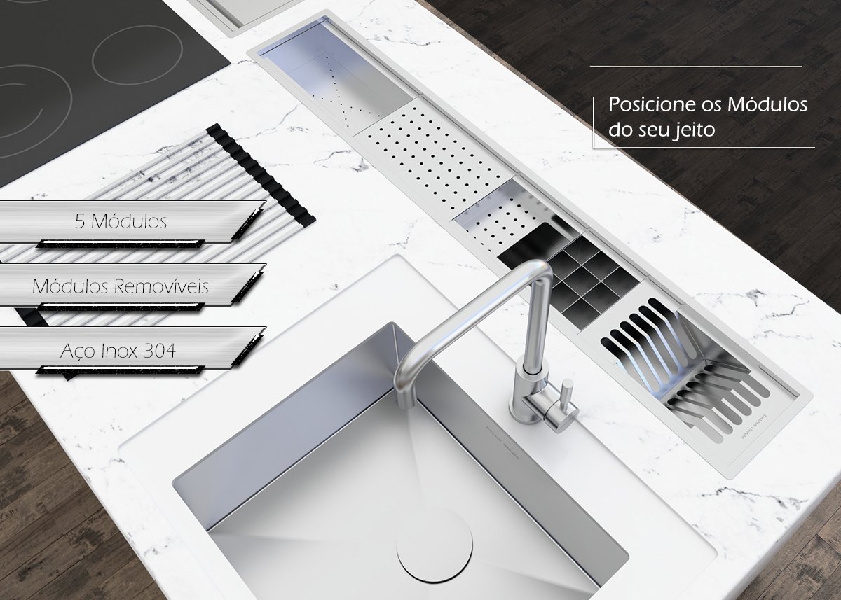 Canal Escorredor Louça Sobrepor Calha Úmida Embutido Kitchen 5 Módulos 118cm PH