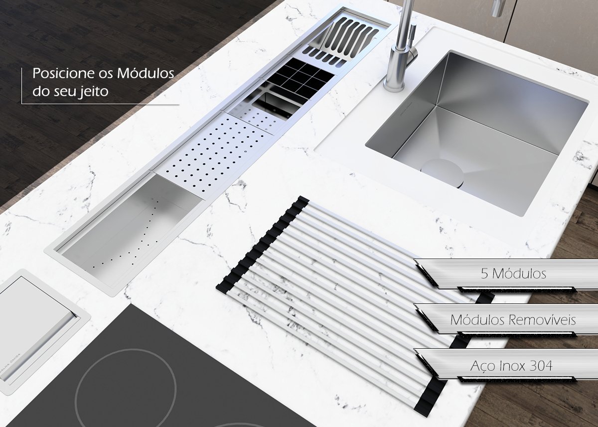 Canal Escorredor Louça Sobrepor Calha Úmida Embutido Kitchen 5 Módulos 118cm PH