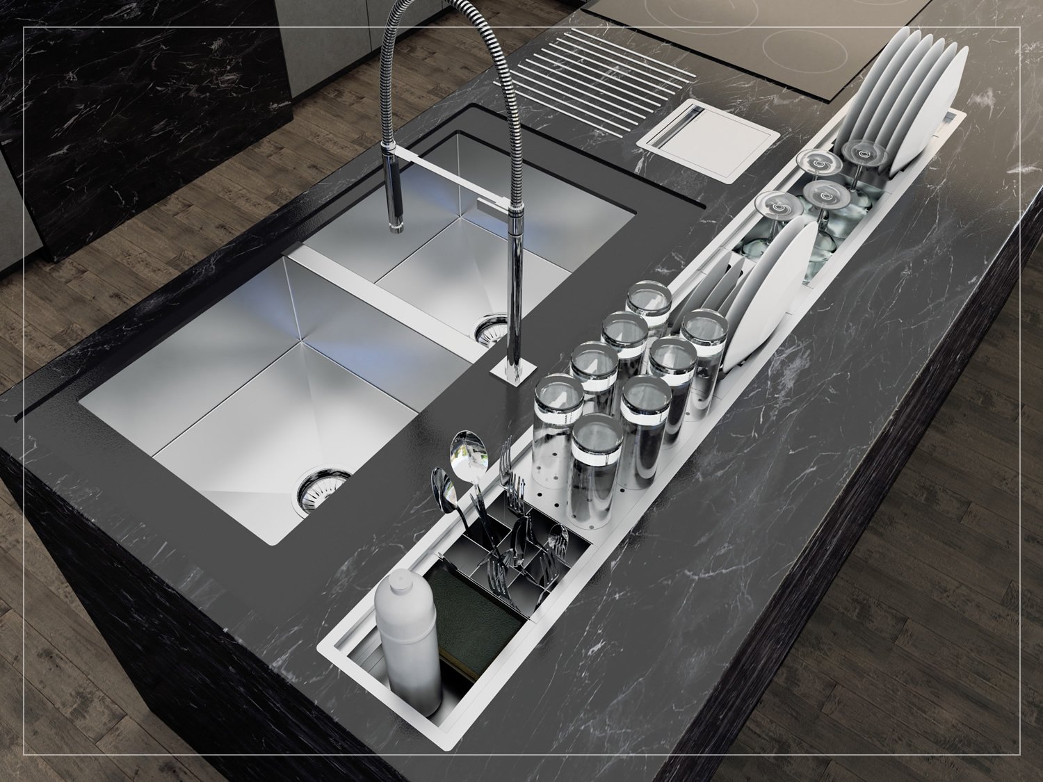 Calha Úmida Canal Organizador Inox Sobrepor Kitchen 6 Módulos 153cm