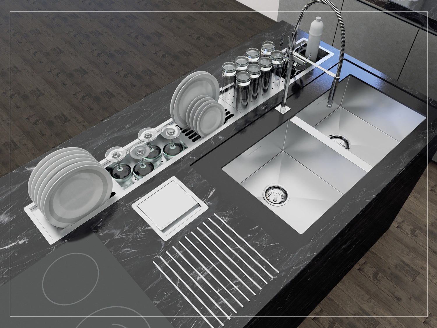 Calha Úmida Canal Organizador Inox Sobrepor Kitchen 6 Módulos 153cm