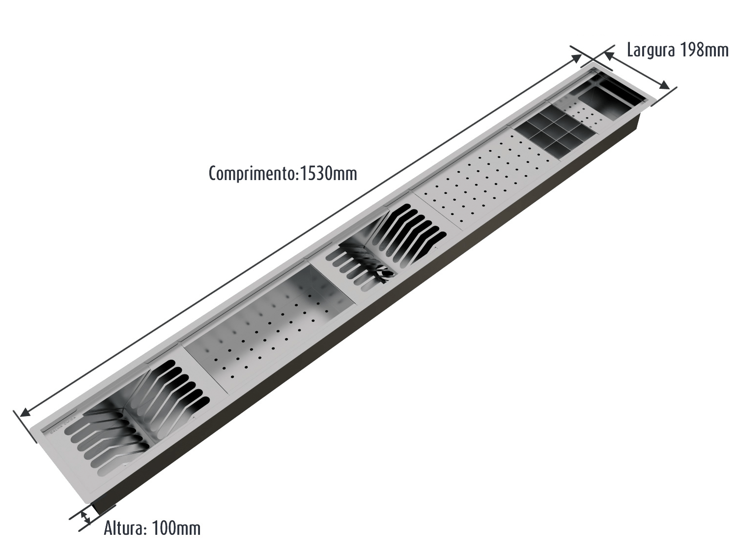 Calha Úmida Canal Organizador Inox Sobrepor Kitchen 6 Módulos 153cm