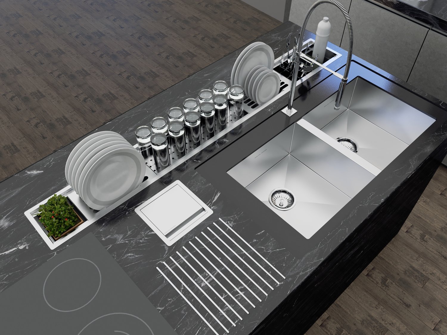 Escorredor Louça Inox Sobrepor Calha Úmida Kitchen 6 Módulos 153cm PH 13cm