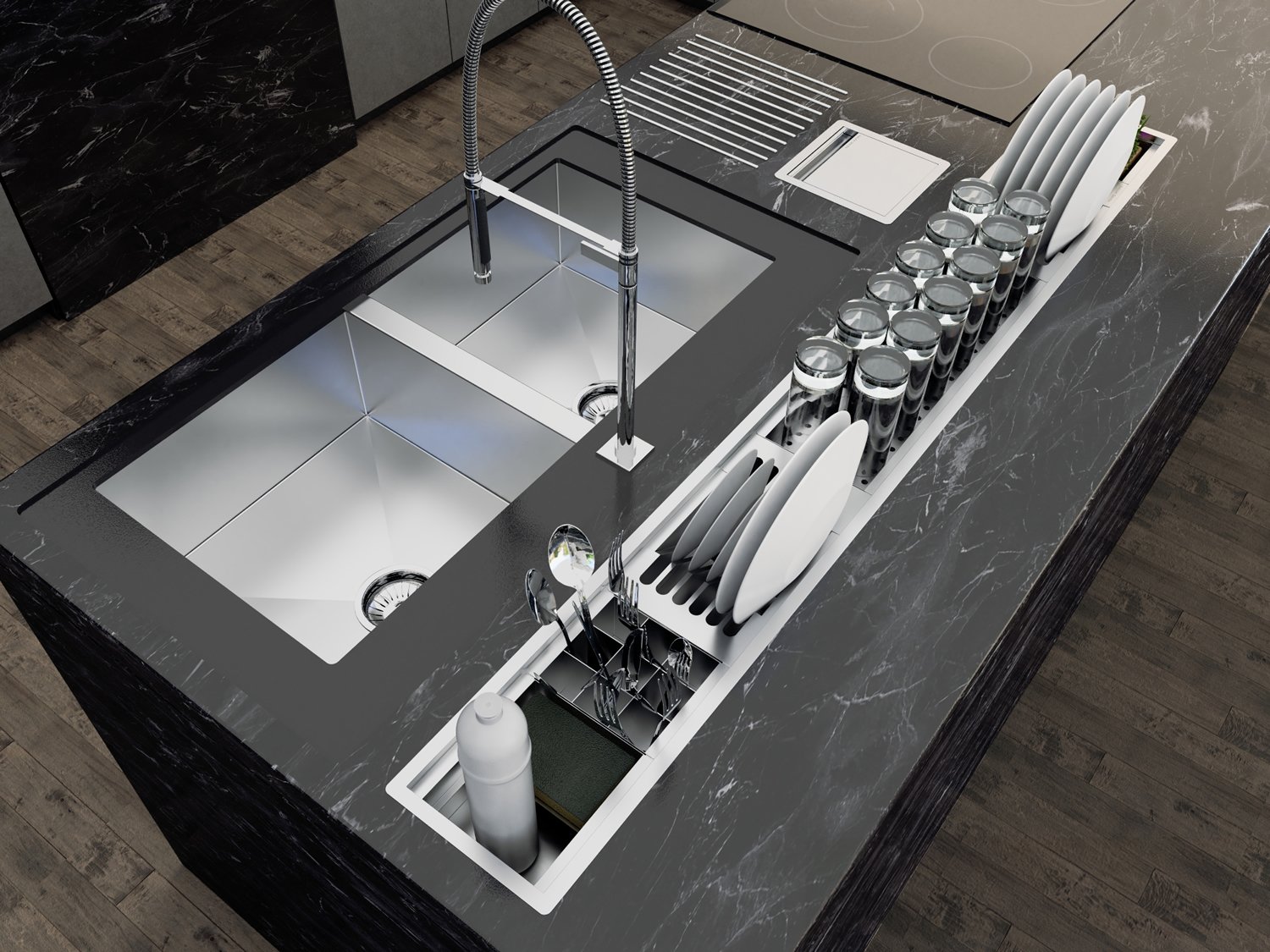 Escorredor Louça Inox Sobrepor Calha Úmida Kitchen 6 Módulos 153cm PH 13cm