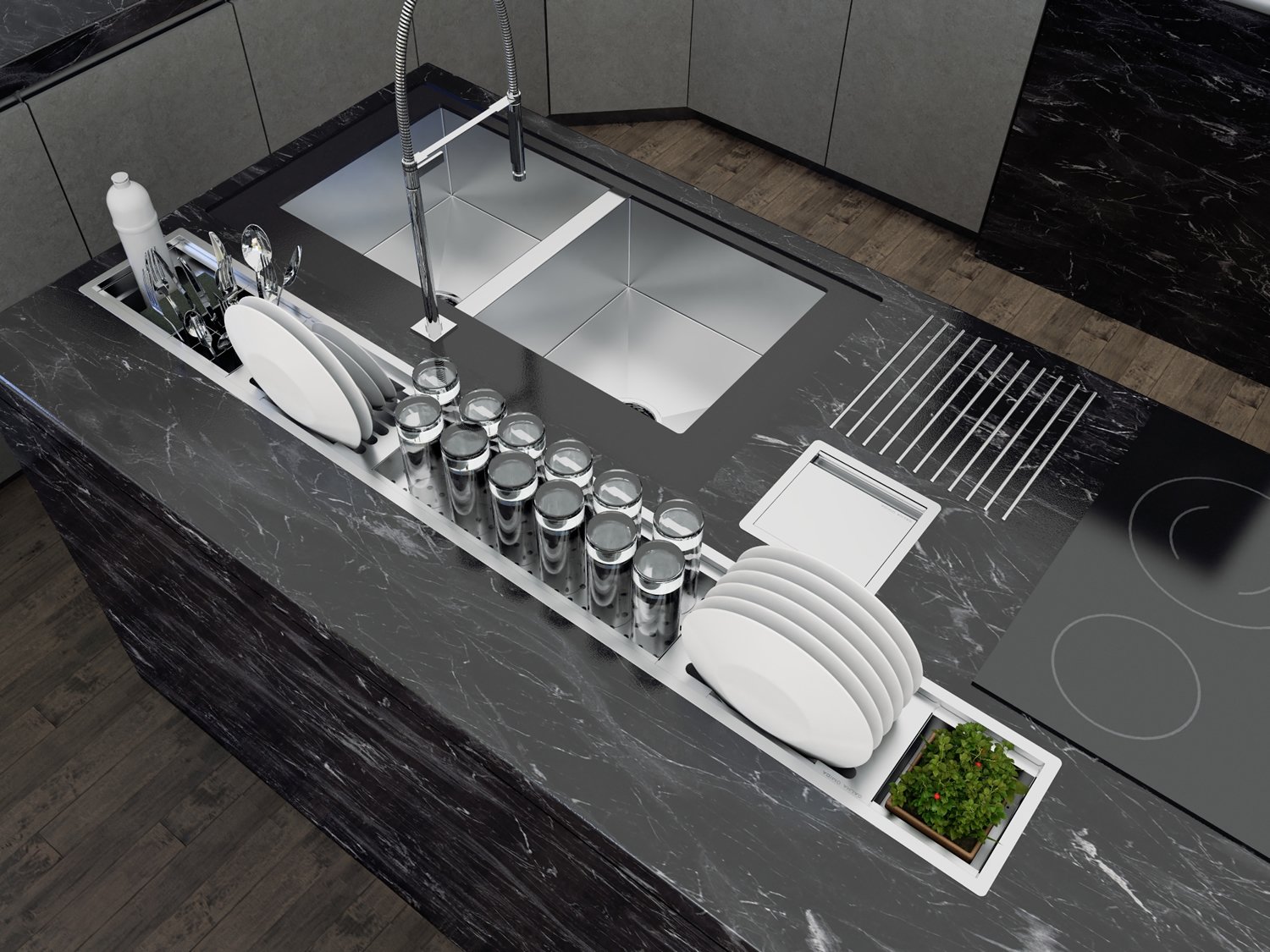 Escorredor Louça Inox Sobrepor Calha Úmida Kitchen 6 Módulos 153cm PH 13cm