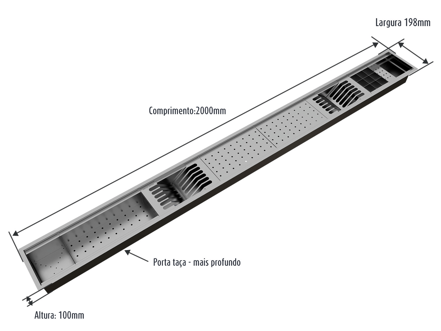 Canal Organizador Inox Cozinha Calha Úmida Kitchen 8 Módulos 200cm