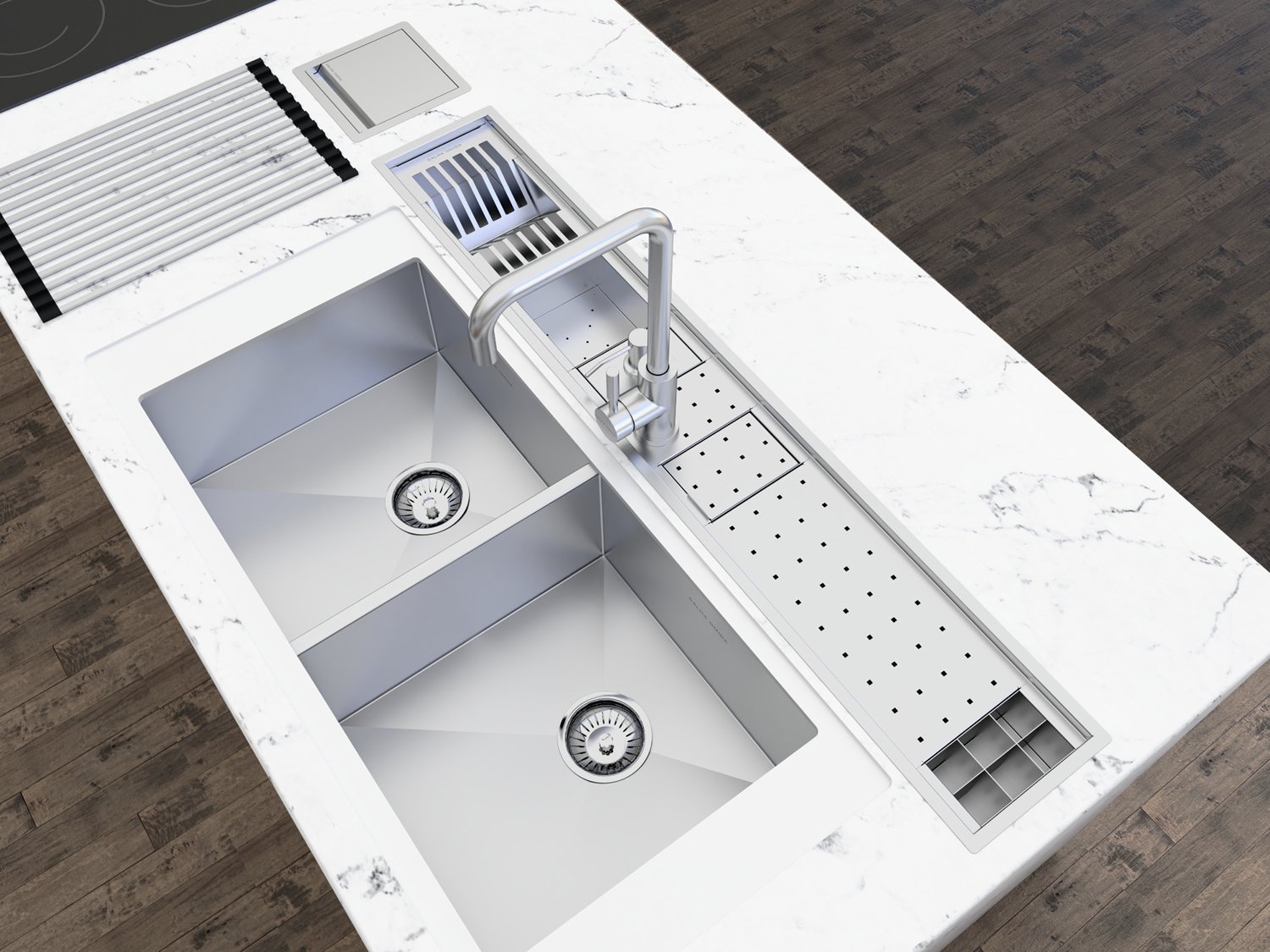 Canal Organizador Calha Úmida Com Torneira Inox Kitchen Exclusive 7 Módulos 118cm