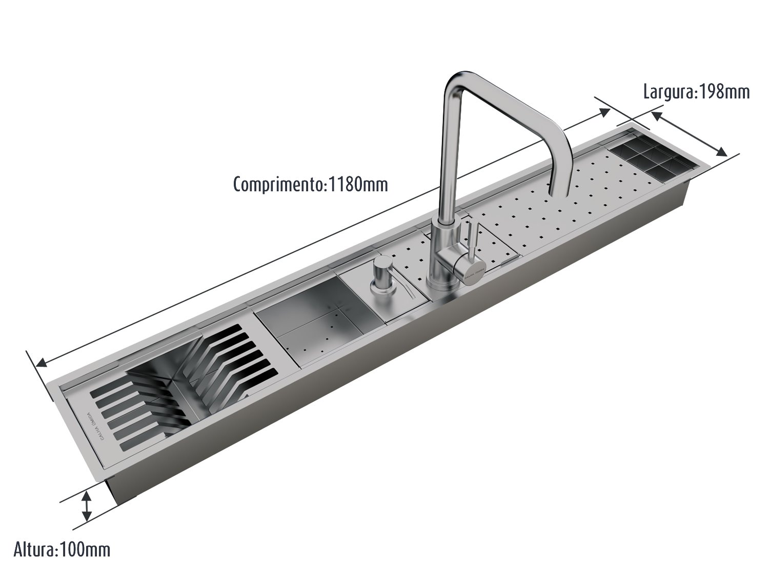 Canal Organizador Calha Úmida Com Torneira Inox Kitchen Exclusive 7 Módulos 118cm