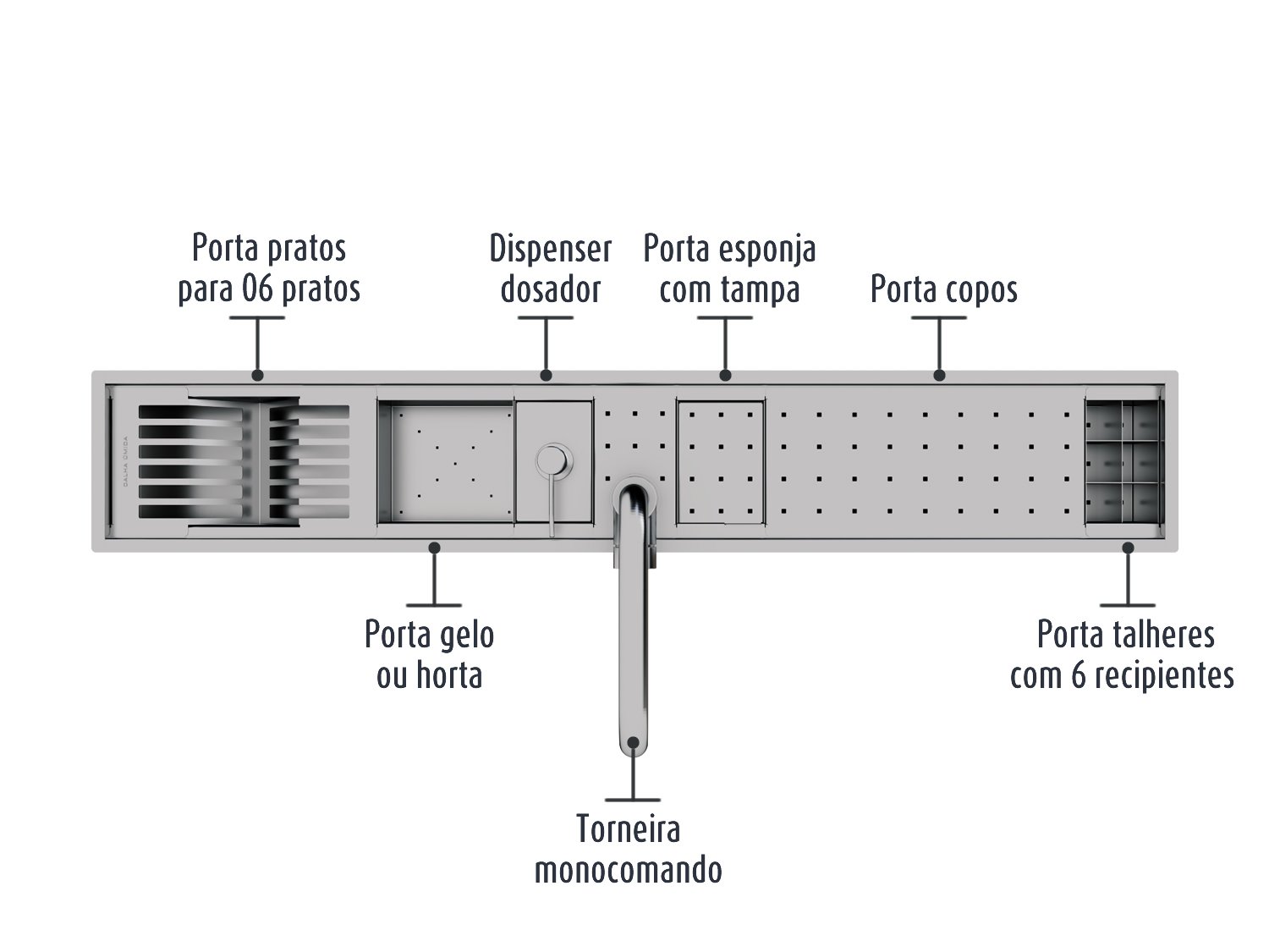 Canal Organizador Calha Úmida Com Torneira Inox Kitchen Exclusive 7 Módulos 118cm