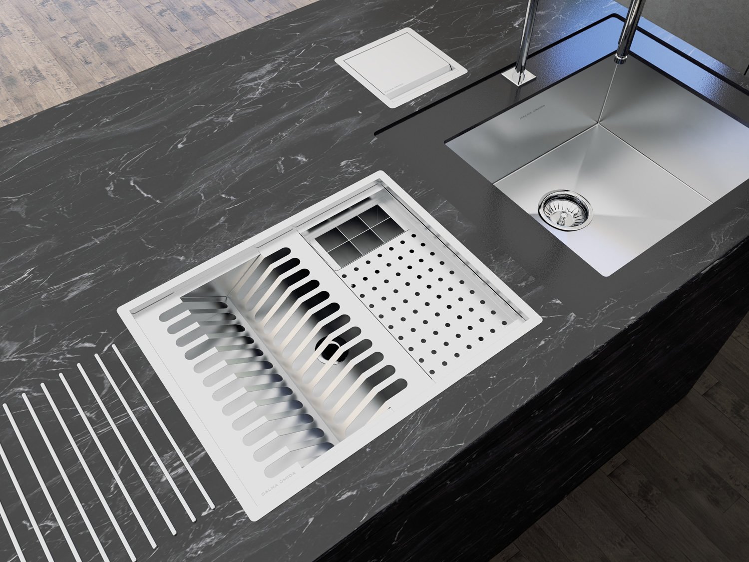 Cuba Kit Escorredor Inox Organizador Cozinha Sobrepor Calha Úmida Quadratta 3 Módulos