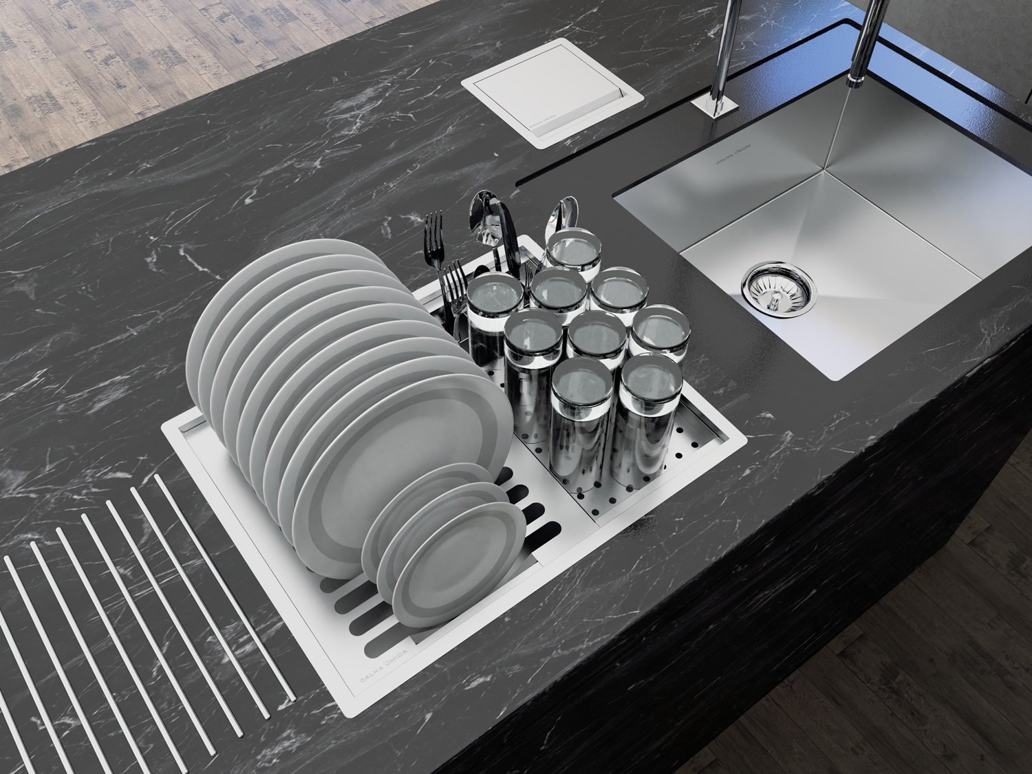 Cuba Kit Escorredor Inox Organizador Cozinha Sobrepor Calha Úmida Quadratta 3 Módulos