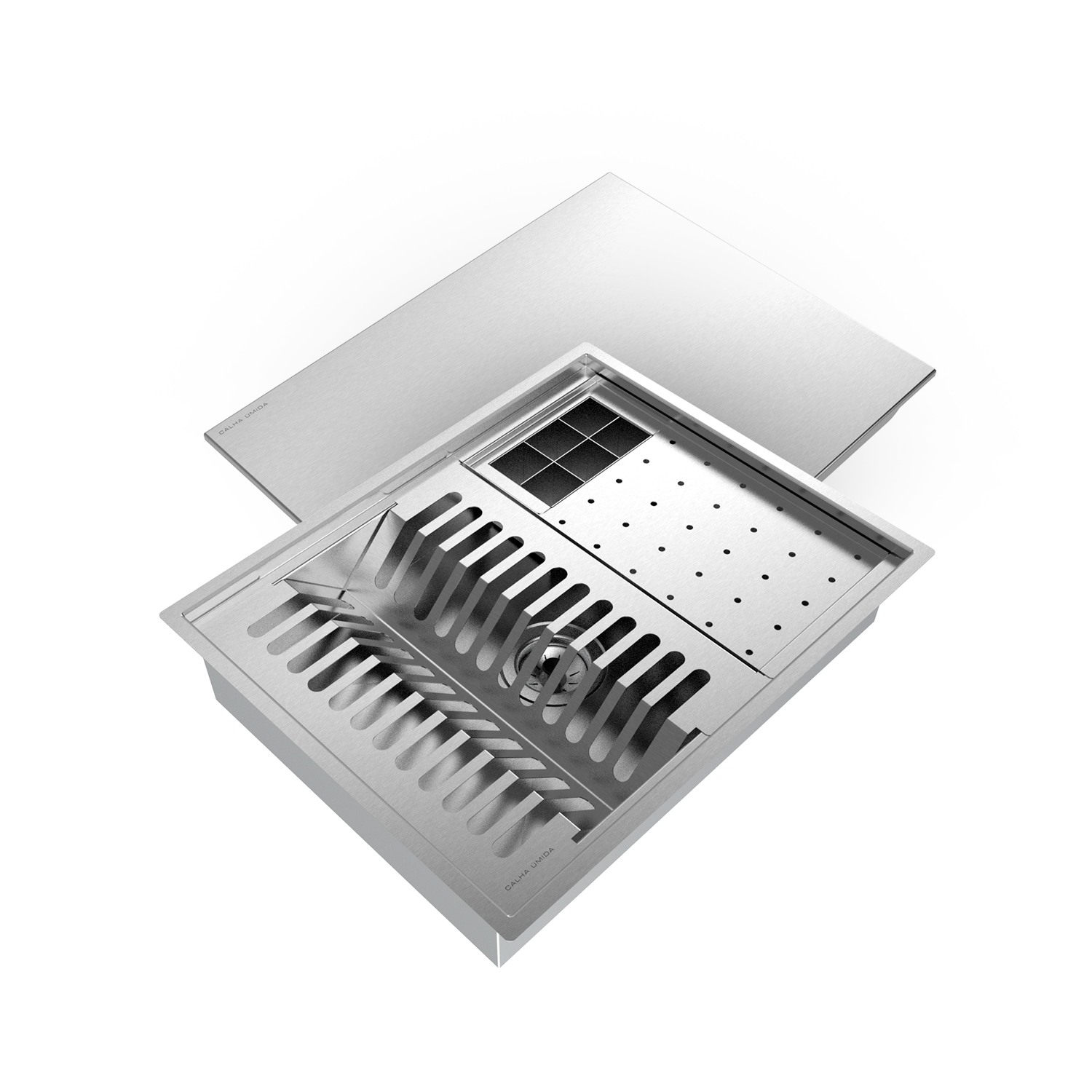 Cuba Kit Escorredor Completo Inox Calha Úmida Sobrepor Quadratta 3 Módulos Com Tampa