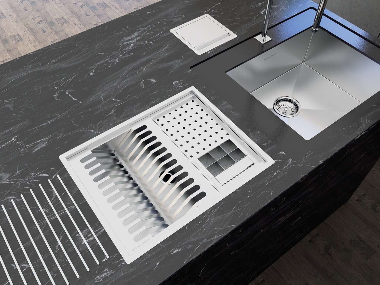 Cuba Kit Escorredor Louça Embutido Calha Úmida Sobrepor Inox Quadratta 4 Módulos PE