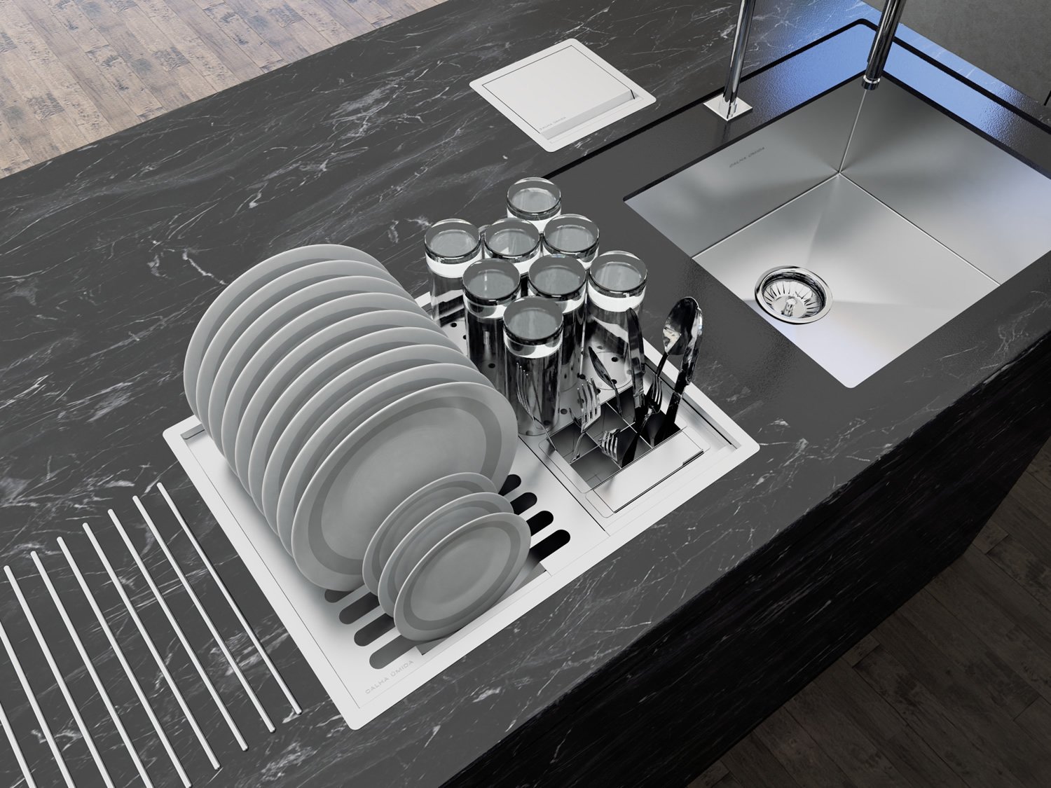 Cuba Kit Escorredor Louça Embutido Calha Úmida Sobrepor Inox Quadratta 4 Módulos PE