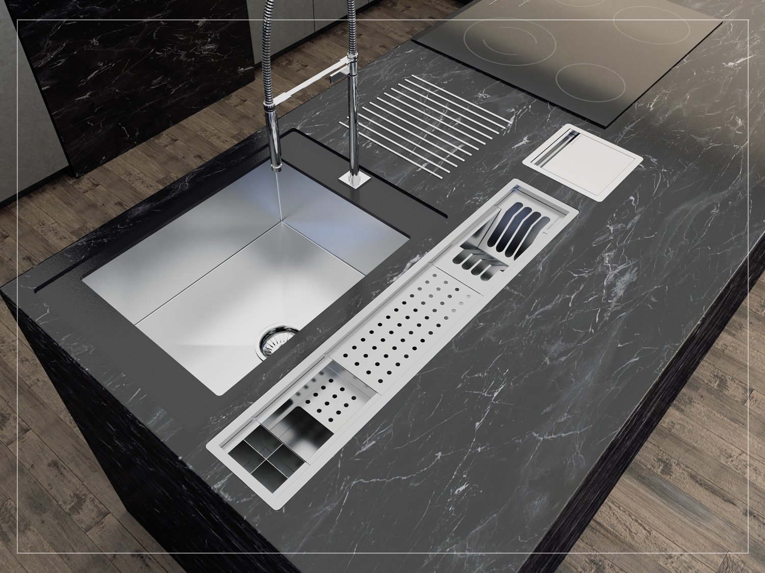 Calha Úmida Canal Escorredor Sobrepor Inox Cozinha Slim 4 Módulos 85cm