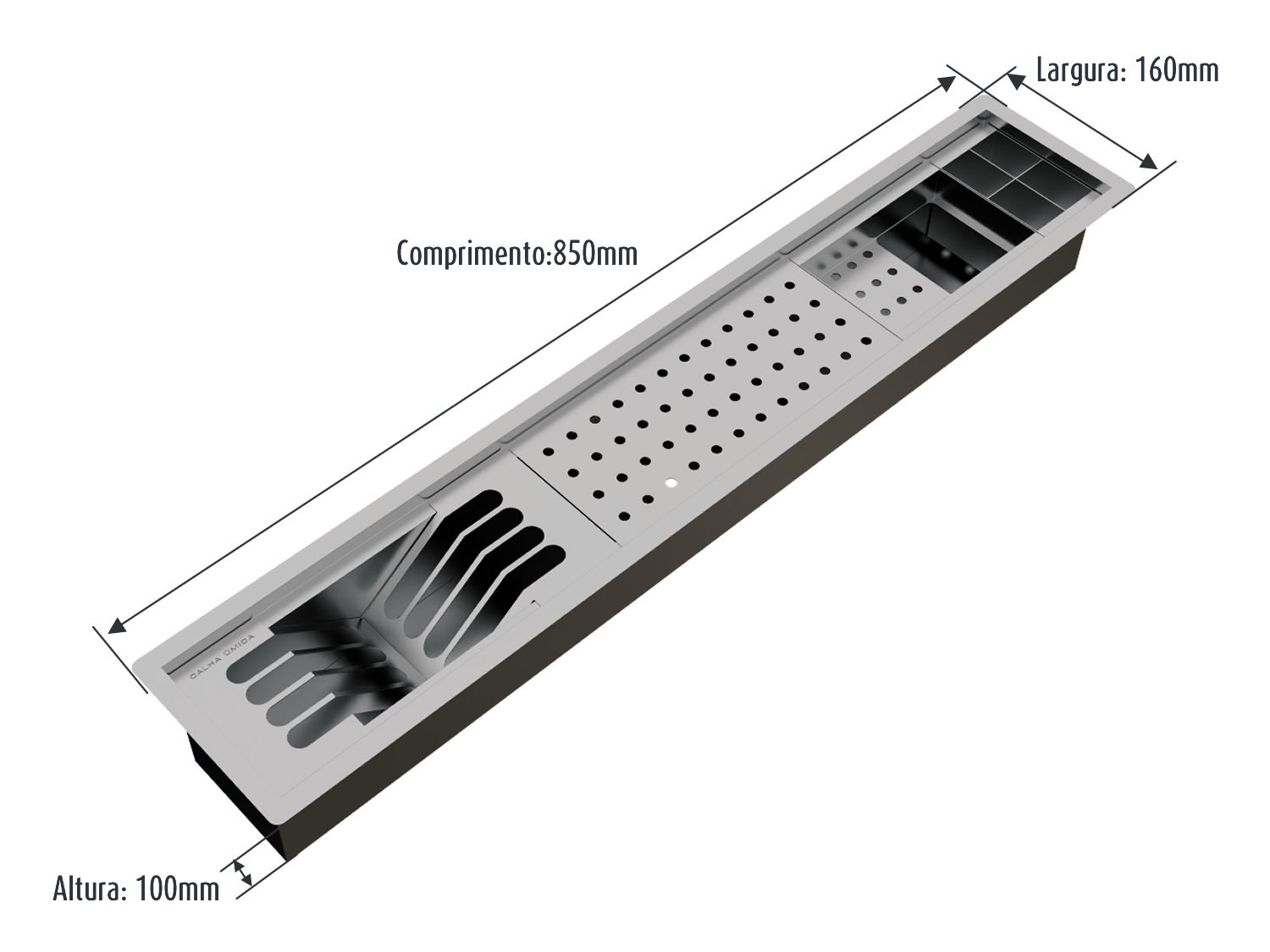 Canal Escorredor Cozinha Inox Sobrepor Calha Úmida Slim 4 Módulos 85cm PEDT