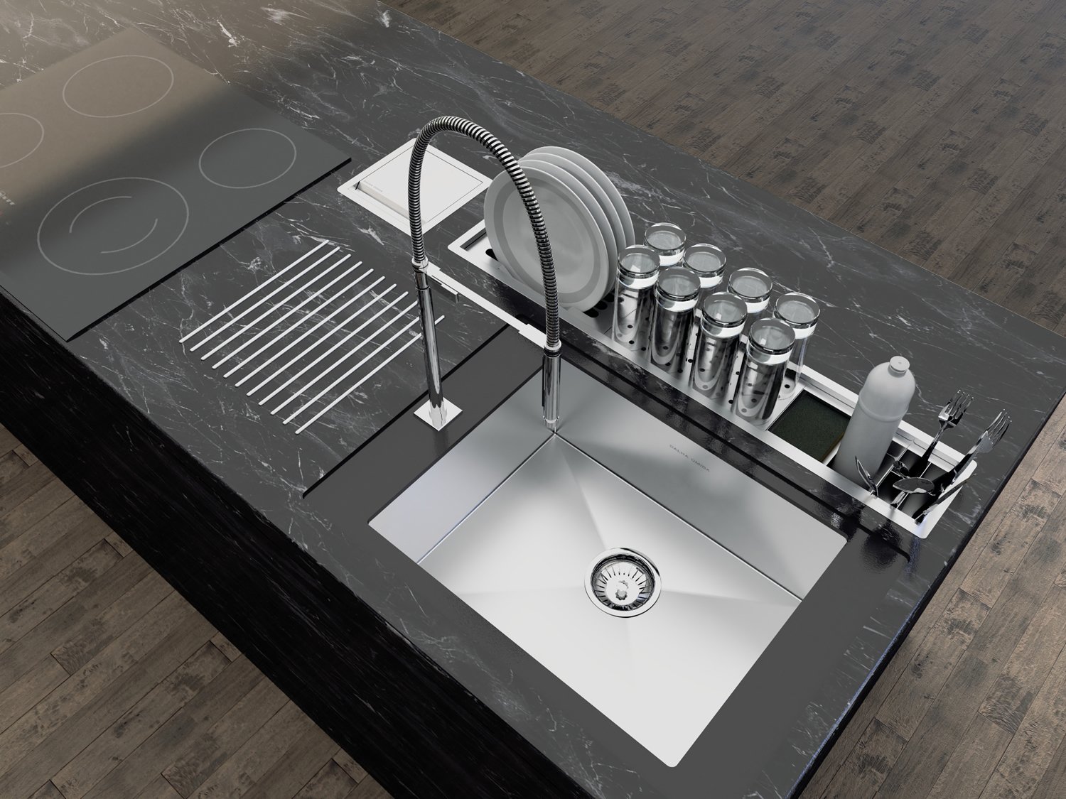 Canal Escorredor Cozinha Inox Sobrepor Calha Úmida Slim 4 Módulos 85cm PEDT