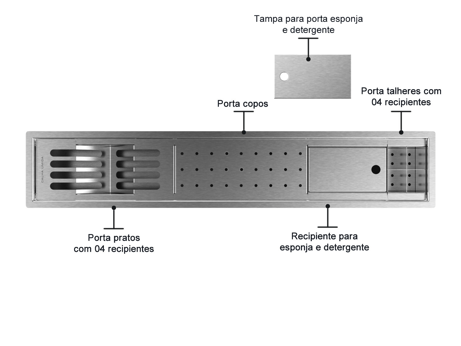 Canal Escorredor Cozinha Inox Sobrepor Calha Úmida Slim 4 Módulos 85cm PEDT