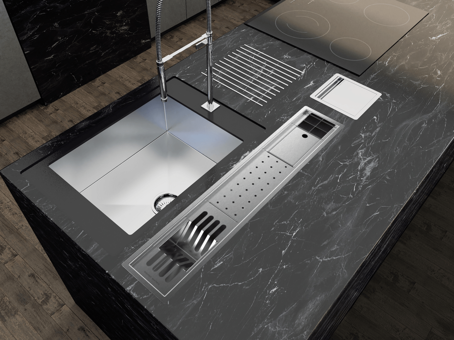 Canal Escorredor Cozinha Inox Sobrepor Calha Úmida Slim 4 Módulos 85cm PEDT