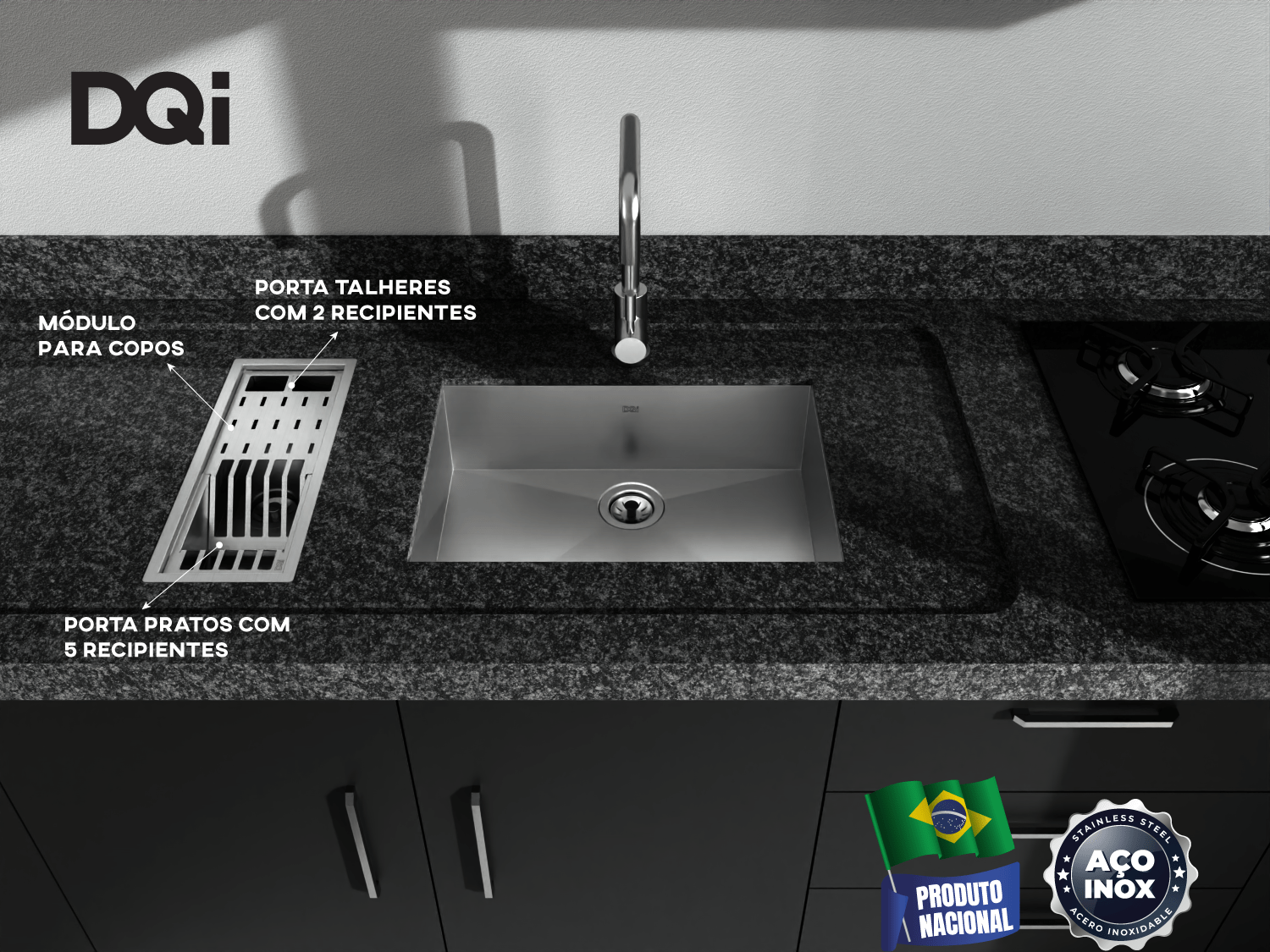 Cuba Kit Escorredor Completo DQI Linear Módulo Único 43cm Em Aço Inox Escovado