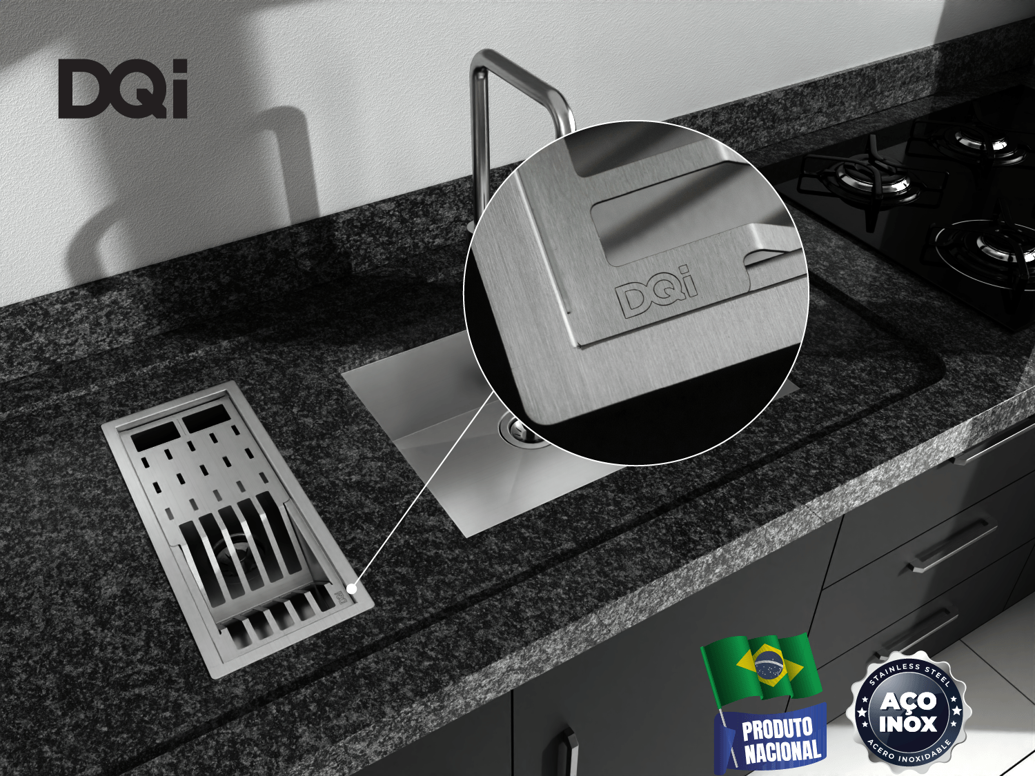 Cuba Kit Escorredor Completo DQI Linear Módulo Único 43cm Em Aço Inox Escovado