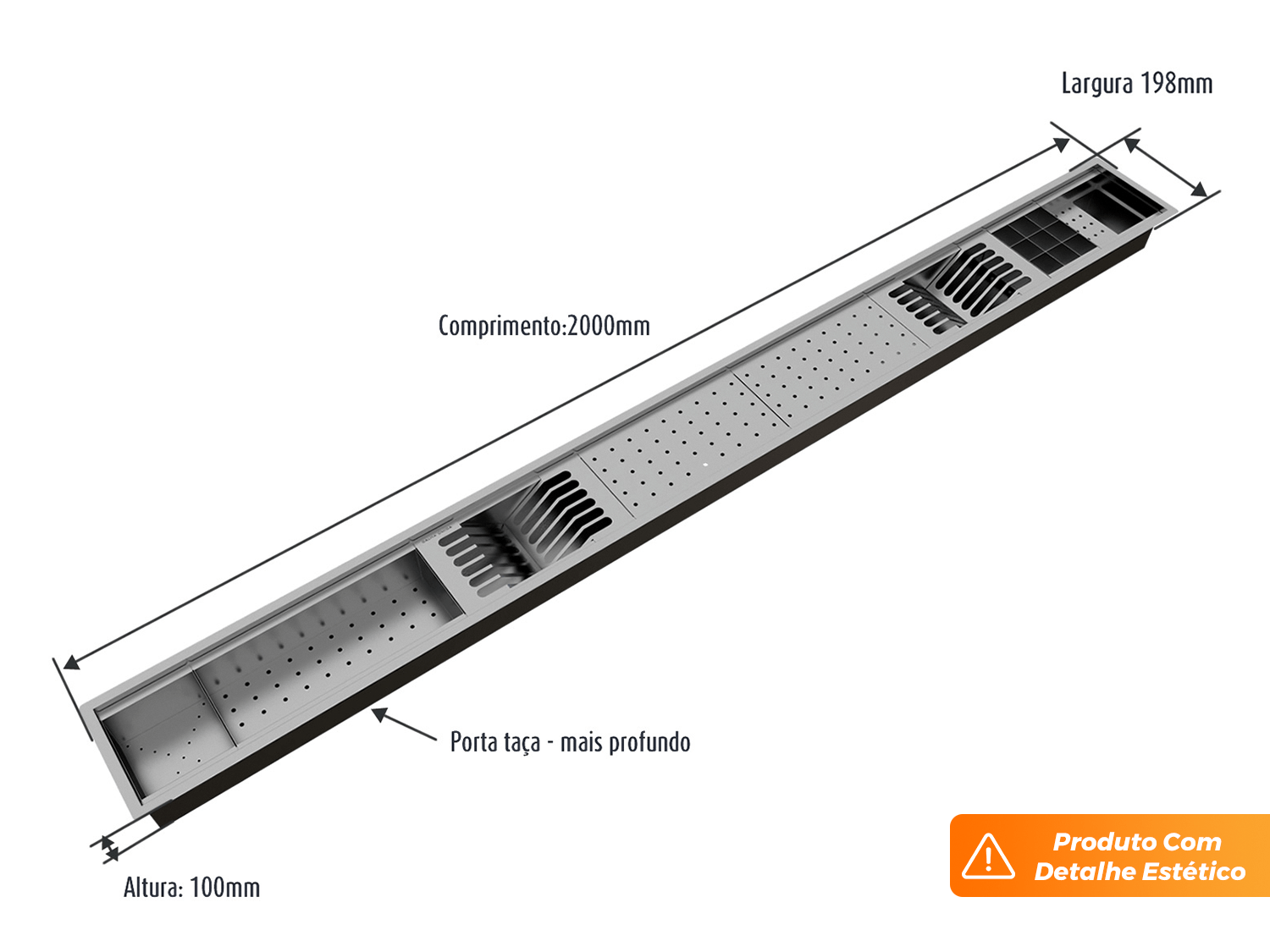 Escorredor Calha Úmida Embutida Sobrepor Completo Kitchen 8 Módulos 2M Aço Inox Escovado (Outlet)