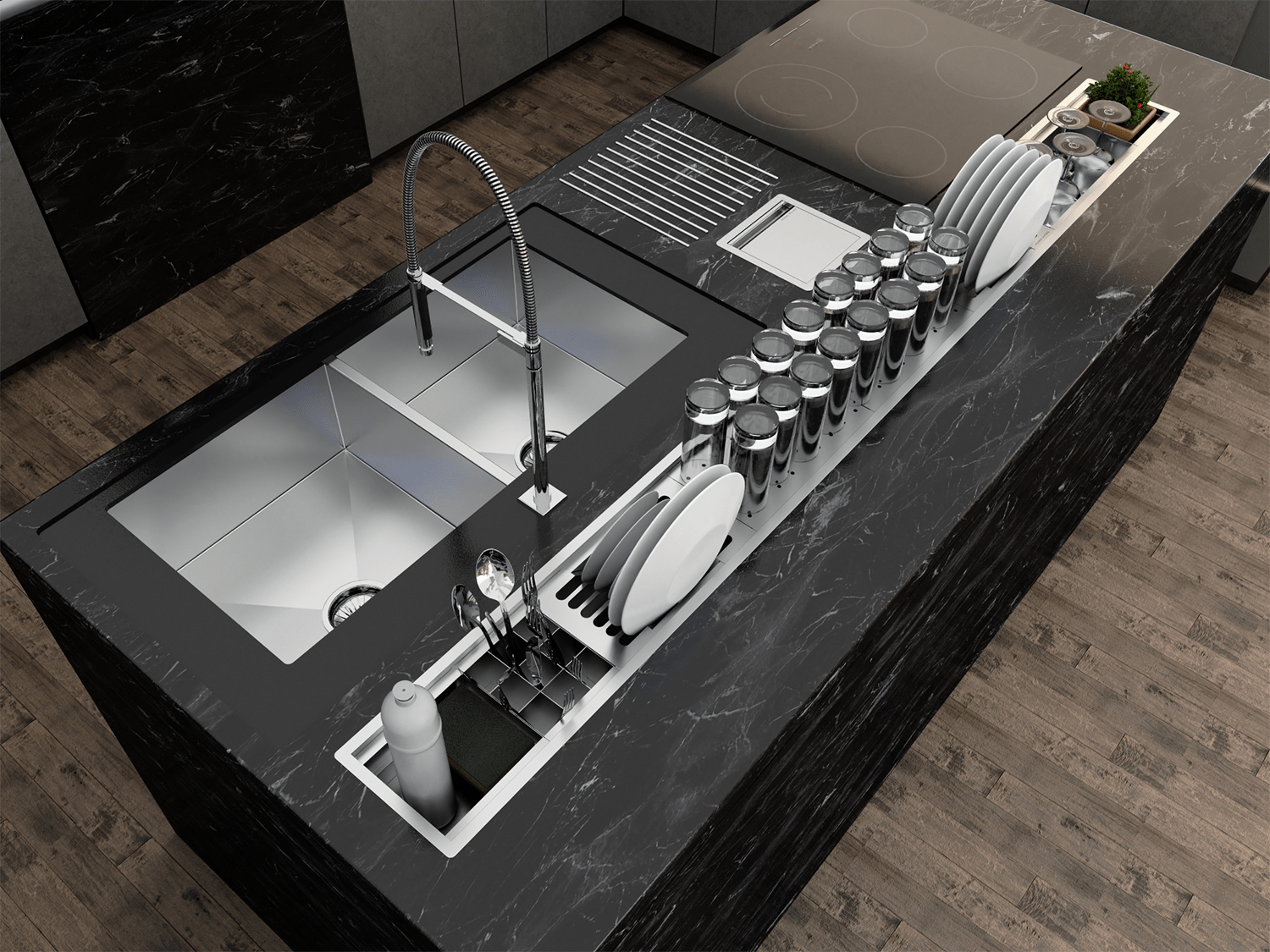 Escorredor Calha Úmida Embutida Sobrepor Completo Kitchen 8 Módulos 2M Aço Inox Escovado (Outlet)