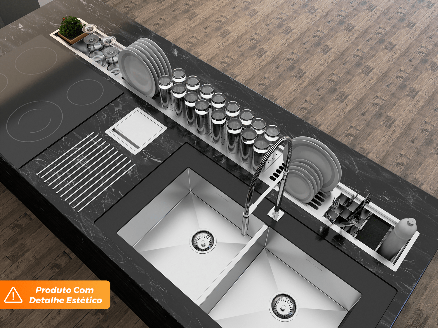 Escorredor Calha Úmida Embutida Sobrepor Completo Kitchen 8 Módulos 2M Aço Inox Escovado (Outlet)