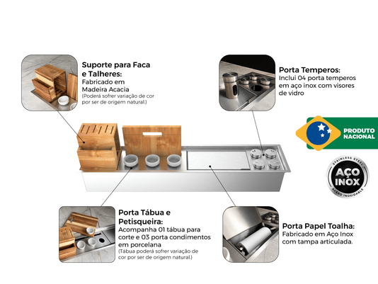 Calha Seca Exclusive Gourmet 90cm Em Aço Inox Escovado Com Acessórios