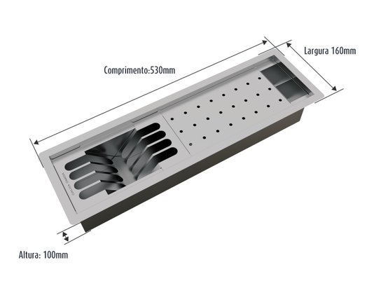 Calha Úmida Canal Equipado Inox Completo Sobrepor Slim 3 Módulos 53cm
