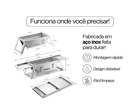 Churrasqueira Portátil Inox Maleta Dobrável Camping E Pesca