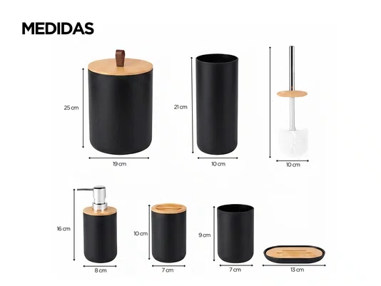 Kit Banheiro 6 Peças Elegance Preto com Detalhes em Bambu