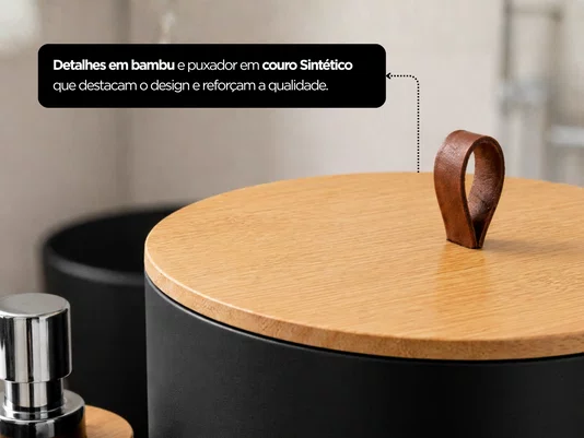 Kit Banheiro 6 Peças Elegance Preto com Detalhes em Bambu