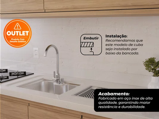 Cuba Basic 50x40 Inox Acetinado Embutir Com Válvula (Outlet)