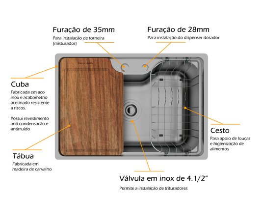 Cuba Basic 62x43cm De Embutir Em Aço Inox Acetinado Com Acessórios e Válvula De 4.1/2