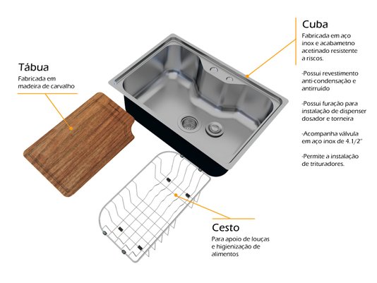 Cuba Basic 62x43cm De Embutir Em Aço Inox Acetinado Com Acessórios e Válvula De 4.1/2