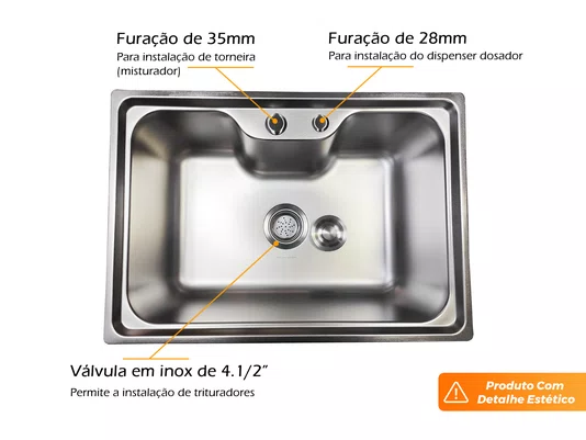 Cuba Basic 62x43cm Embutir Aço Inox Acetinado Com Válvula De 4.1/2 (Outlet)