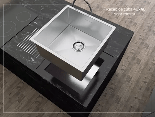 Cuba De Sobrepor Quadrada 35x35cm Em Aço Inox Escovado Com Válvula De 4.1/2