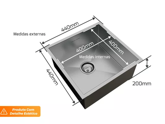 Cuba De Aço Inox Escovado 44x44cm Para Pia De Cozinha Com Válvula 4.1/2" (Outlet)